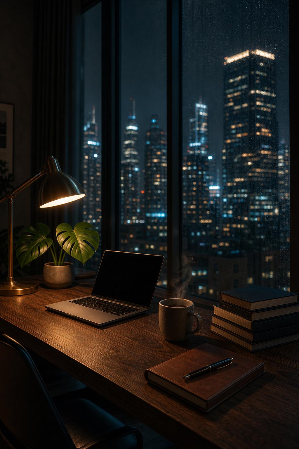 Aesthetic walnut desk with warm lamp, laptop and coffee, overlooking a glowing night skyline of skyscrapers